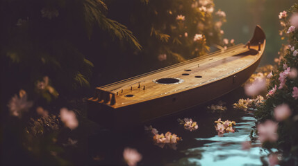 幻想的な光が差し込む水面に浮かぶ弦楽器と花々