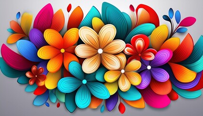 abstract floral design overlapping colorful shapes create blossom effect light gray background provides contrast simple text labels present