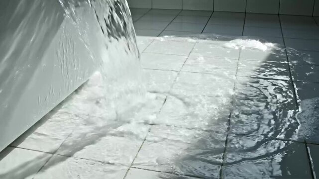 Water overflowing from bathtub onto white tiled bathroom floor, cascading stream illustrating leak and plumbing failure, home flooding and property damage risk