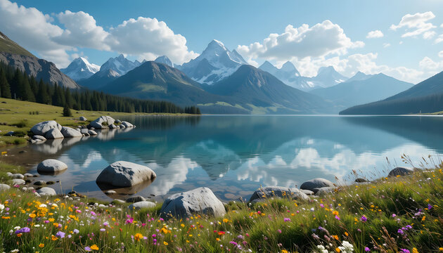 Alpine lake reflecting snow capped mountains with granite boulders and wildflowers