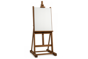 Wooden artist easel holding a blank white canvas, ready for painting or display, transparent background