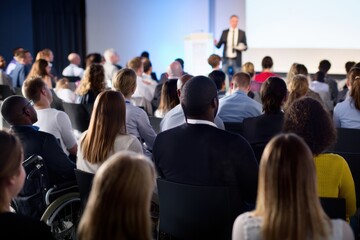 Fototapeta premium Audience engaged in a professional conference presentation, showcasing diverse participation