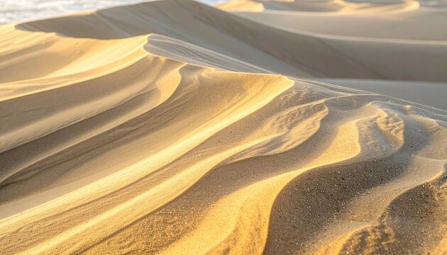 Golden Hour Light Illuminates Rippling Sand Dunes With Sparkling Grains Under A Clear Sky