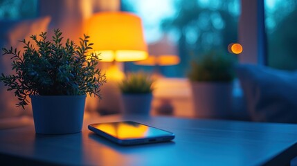 Nightstand scene with plants, lamp, phone