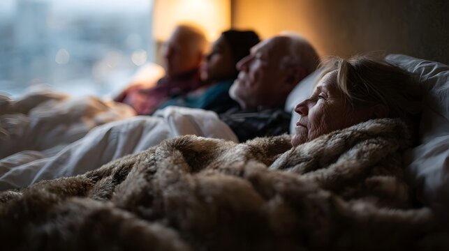 Diverse group of seniors and companions resting peacefully together in a warm cozy bed at dawn
