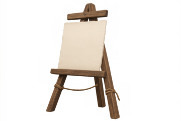 Wooden easel with an empty canvas, representing artistic creativity, blank slate, and inspiration, on a transparent background
