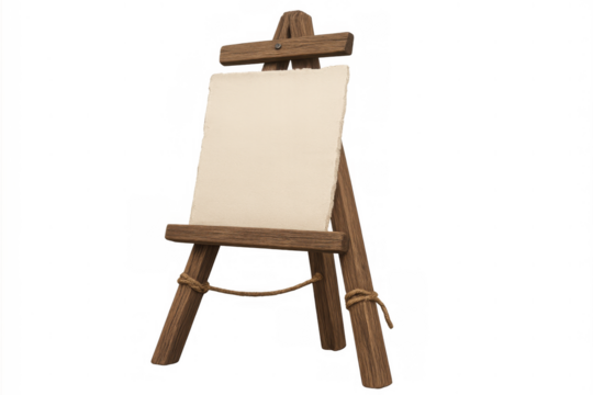 Wooden easel with an empty canvas, representing artistic creativity, blank slate, and inspiration, on a transparent background