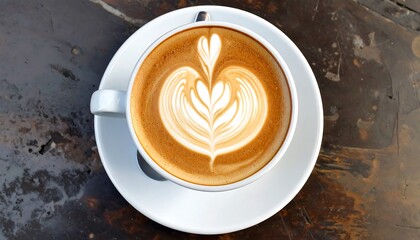 Overhead shot of a latte with intricate leaf-shaped foam art in a white cup on a saucer. The table beneath has an antique, rustic look