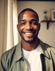 Naklejka premium Smiling man in a casual outfit, radiating warmth and positivity indoors
