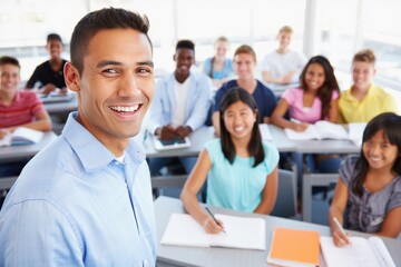 Fototapeta premium Smiling teacher in a classroom with engaged students during a lesson