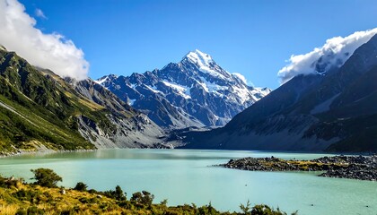 Majestic mountain peaks with snowy caps rise over a serene turquoise lake. Lush green hills flank the water. A clear blue sky