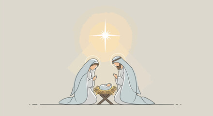 Celebrate the Miracle of Christmas with this Minimalist Nativity Scene Depicting Mary, Joseph, and Baby Jesus Under a Shining Star of Bethlehem