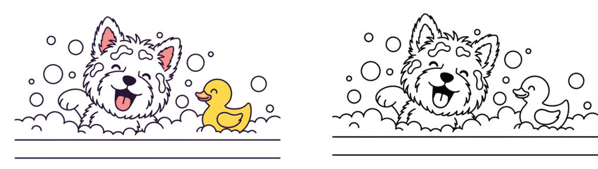 Happy Cartoon Dog Taking a Bubble Bath with a Yellow Rubber Duck - Joyful Pet Grooming Illustration