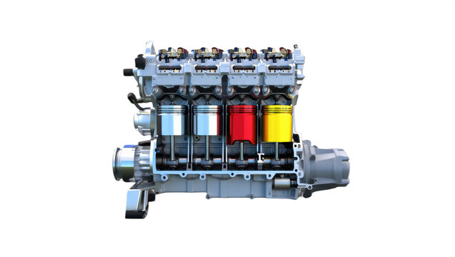 Four-cylinder internal combustion engine with colorful pistons in cutaway view, isolated on transparent background. Technical illustration showing mechanics.
