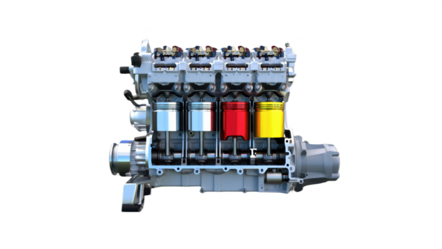 Four-cylinder internal combustion engine with colorful pistons in cutaway view, isolated on transparent background. Technical illustration showing mechanics. - Powered by Adobe