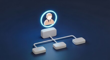Abstract organizational chart with glowing user icon on dark blue background.