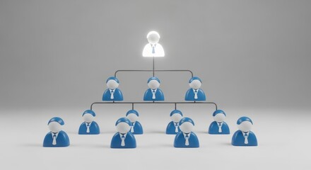 Organizational chart with glowing leader and blue subordinates against gray background