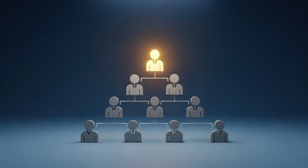 Hierarchical organization chart with glowing leader figure on dark background.