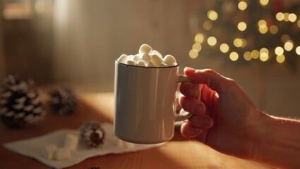 Hand holding a mug filled with marshmallows, perfect for cozy winter moments