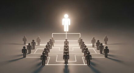 Illuminated figures connected by glowing lines form a hierarchy structure.