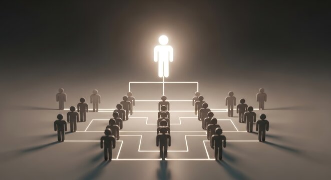 Illuminated figures connected by glowing lines form a hierarchy structure.