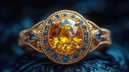 Ornate gold ring with large amber gemstone
