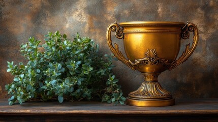 Ornate gold trophy vase beside fresh herbs on wooden shelf