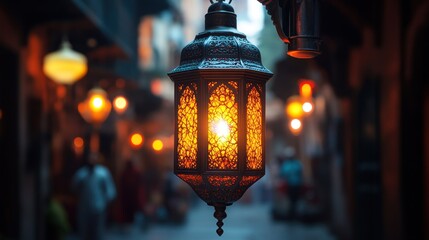 Ornate lantern glows warmly in a blurred alleyway