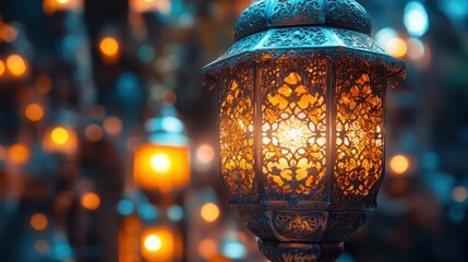 Ornate lantern, glowing warmly, surrounded by other lanterns