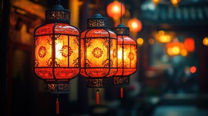Ornate lanterns glow in a temple