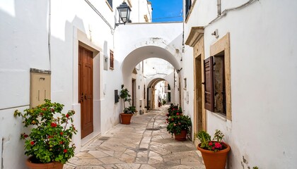 Narrow alleyway lined with white buildings, brown doors, and flower-filled pots. Arched passageways create depth. Bright sunlight