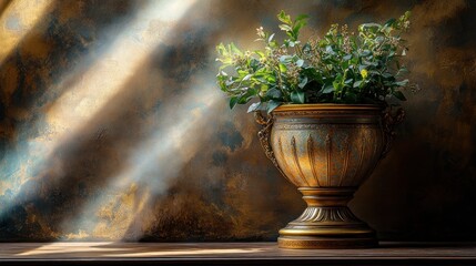 Ornate vase with greenery in sunlight