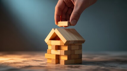 Hand building a wooden block house with a roof on a textured surface