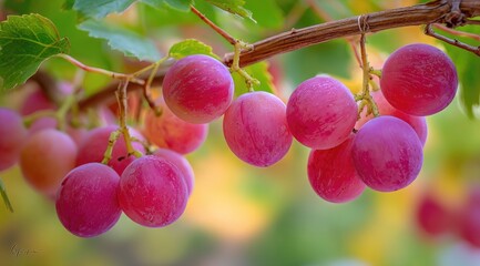 Close-up of plump pink grapes on a vine