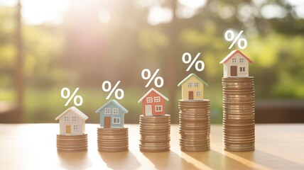 Rising cost of housing with increasing interest rates represented by coins and houses