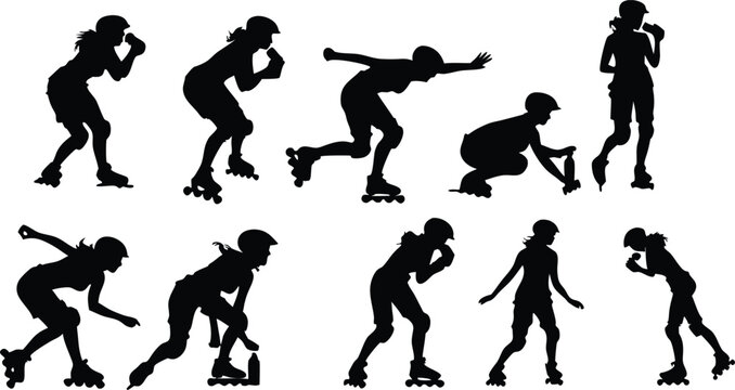 Roller skating icon collection. Includes rollerblading, skateboard, and inline skating silhouettes. Created in solid black style with white background.