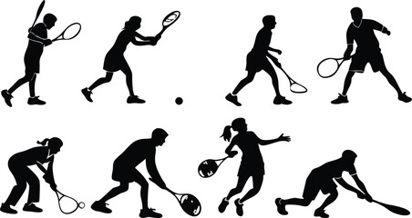 Dynamic tennis players silhouettes in action ready for competition, showcasing energy, sportsmanship, perfect for athletic branding and fitness promotion