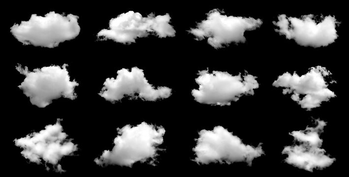Collection of fluffy white clouds isolated on black background, realistic cumulus shapes for digital art, sky overlay, and photo editing design, natural atmosphere texture pack.