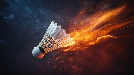 Badminton shuttlecock in motion with fiery trails and dramatic lighting