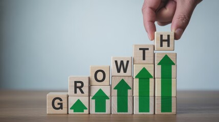Hand stacking letter blocks spelling growth with upward green arrows symbolizing progress
