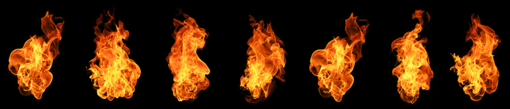 Set of realistic orange fire flames isolated on black background, burning heat texture for digital art, photo editing, and design overlay, dynamic energy concept.