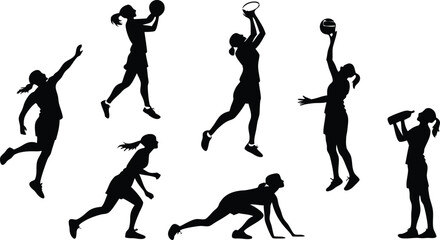 Dynamic silhouette action poses of female netball players in competitive game, sporty athletic women team competing, vector graphics origin