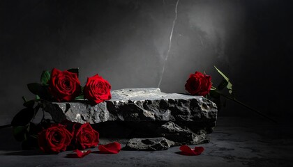 Moody still life featuring a grey, textured rock formation with vibrant red roses, creating a dramatic and elegant composition