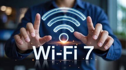 Person interacting with glowing wi fi 7 symbol and technology concept