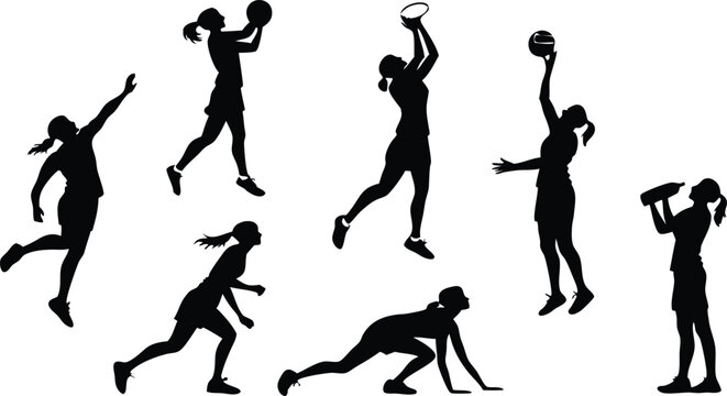 Dynamic silhouette action poses of female netball players in competitive game, sporty athletic women team competing, vector graphics origin