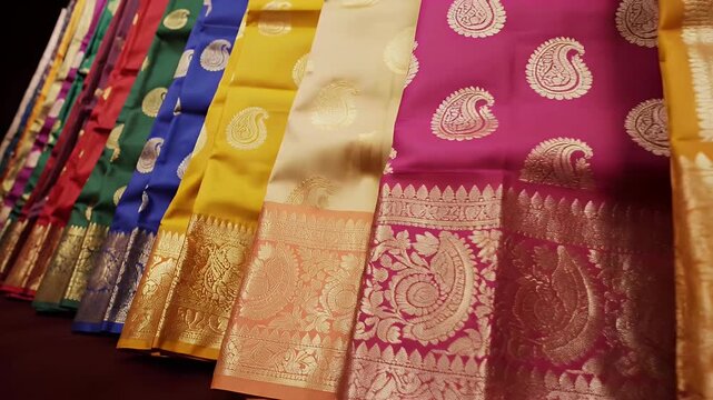 Close Up View of Colorful Silk Sarees with Gold Detailing Displayed in Row