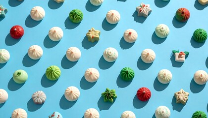 Overhead shot displays array of colorful, festive, miniature sweet treats on a bright blue background. Hard shadows create a bold pattern