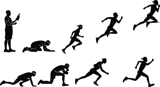 Dynamic runner evolution silhouette showing progress and determination, ideal for fitness, sports, and athletic achievement concepts, vector based