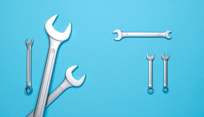 Overhead shot displays six different sized wrenches in a variety of positions against a solid, light blue background