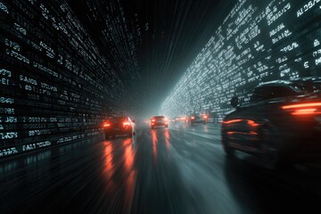 Futuristic highway tunnel, lined with digital code, filled with cars.  Motion blur